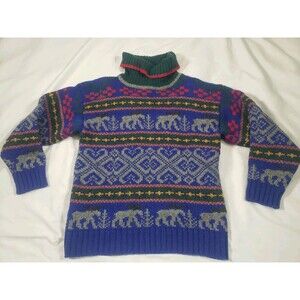 Vintage Eddie Bauer Sweater Mens Small Purple Gray Fair Isle Nordic Polar Bears